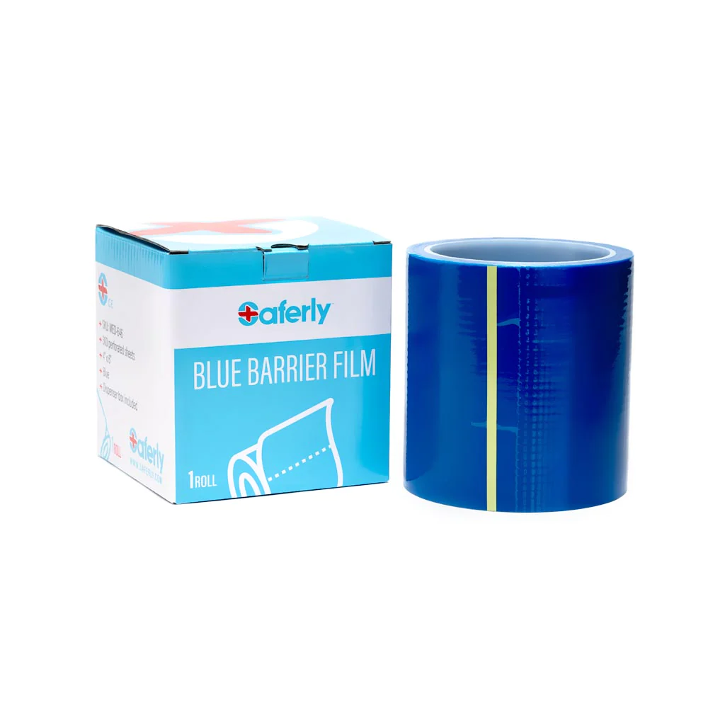 BLUE TRAVEL-SIZED BARRIER FILM IN DISPENSER BOX — 4†X 6†— ROLL OF 300 SHEETS